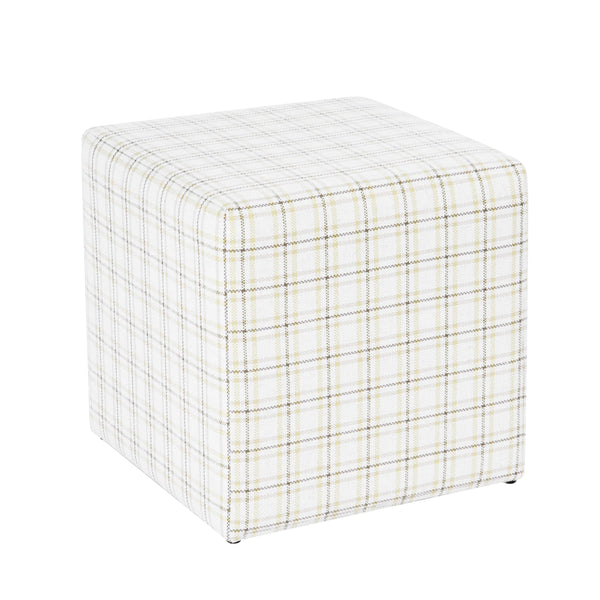 19" Square Upholstered Cube Ottoman – Wood Frame, Plaid Fabric
