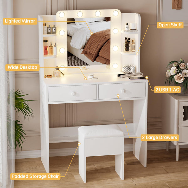 White Vanity Desk with Mirror and Lights