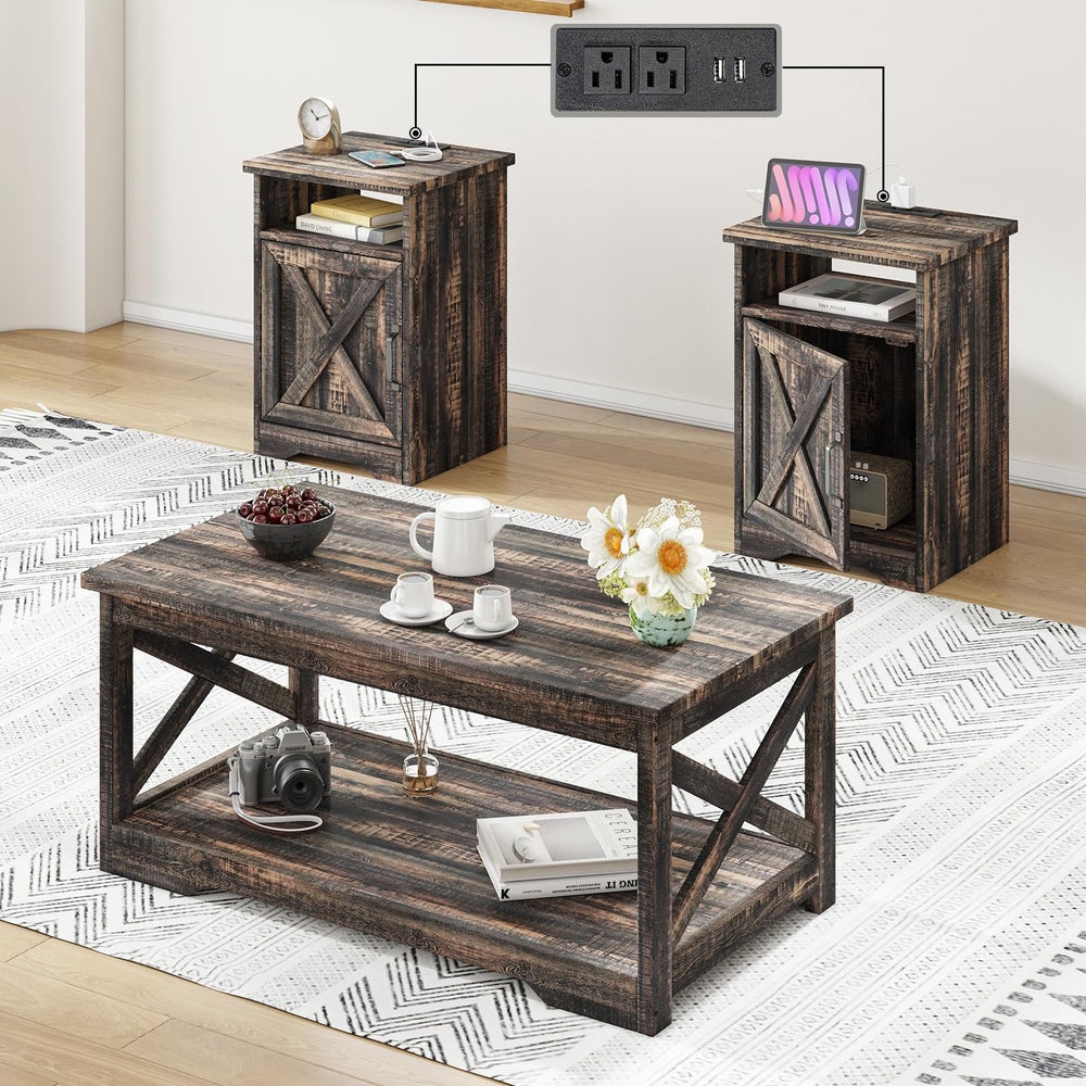 3-Piece Farmhouse Coffee & End Table Set with Charging Station