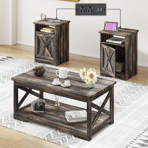 3-Piece Farmhouse Coffee & End Table Set with Charging Station