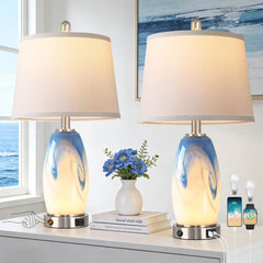 Coastal Glass Table Lamp Set of 2 – 7 Lighting Modes, USB Charging, LED Bulbs Included