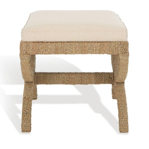 Woven Seagrass Ottoman with Mahogany Wood Frame