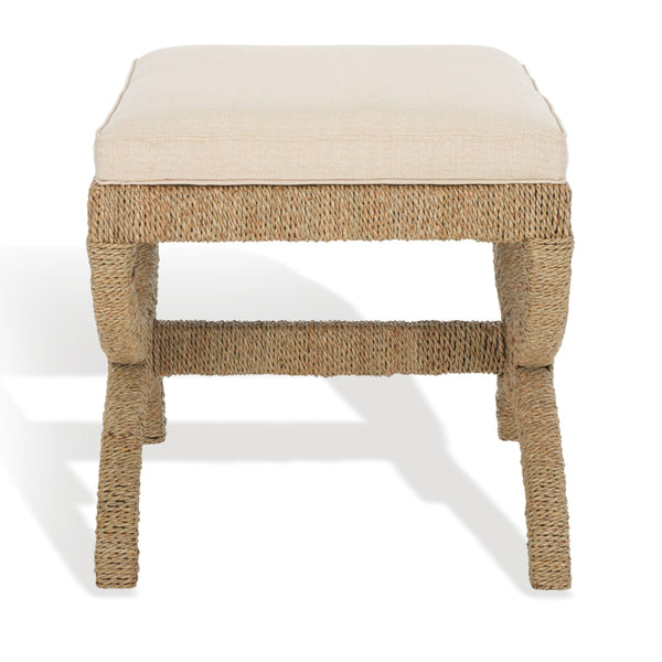 Woven Seagrass Ottoman with Mahogany Wood Frame