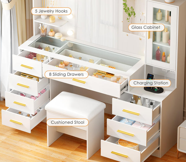 Lighted Vanity Desk with Mirror, Glass Top & Stool