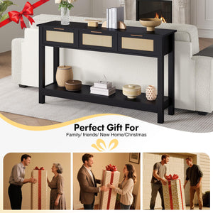 47" Rattan Console Table with 3 Drawers & Storage Shelf