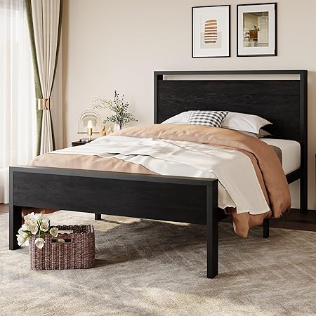 Metal Platform Bed Frame with Wooden Headboard & Footboard