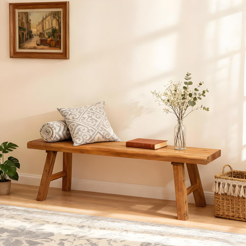 Rustic Solid Wood Entryway Bench – Narrow Farmhouse Bench for Hallway, Dining & Bedroom