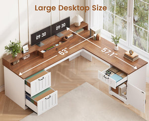 L-Shaped Desk with Drawers, File Cabinet & Monitor Stand – 63"