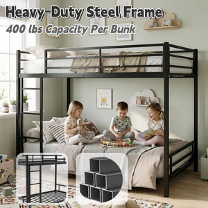 Twin Over Twin Low Bunk Bed Frame – Heavy-Duty Metal with Guardrails