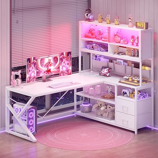 L-Shaped Gaming Desk with Bookshelf, Glass Cabinet, LED Lights, Drawers & Power Strip