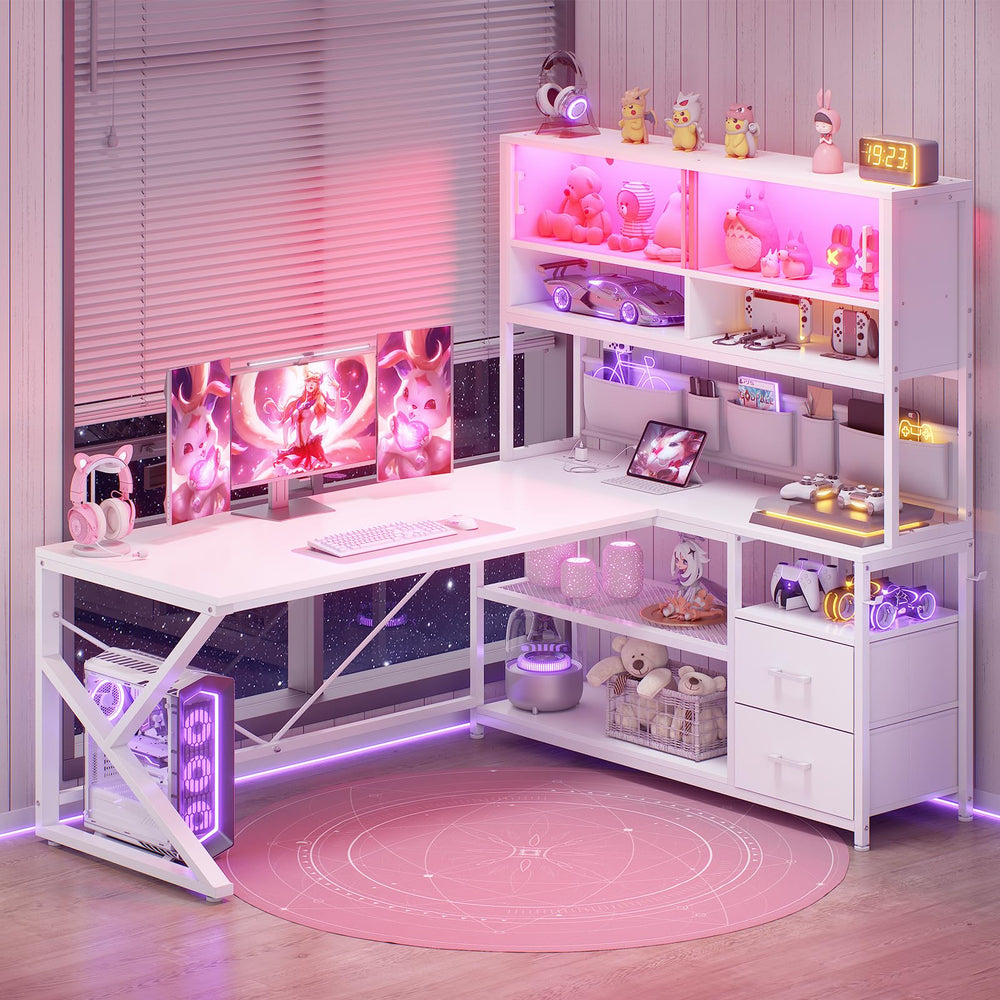 L-Shaped Gaming Desk with Bookshelf, LED Light & Storage Drawers