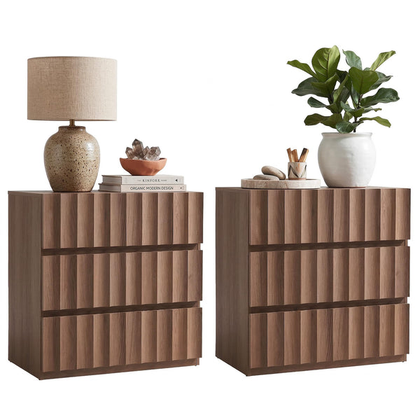 Fluted Nightstand Set of 2 with 3-Drawer Storage