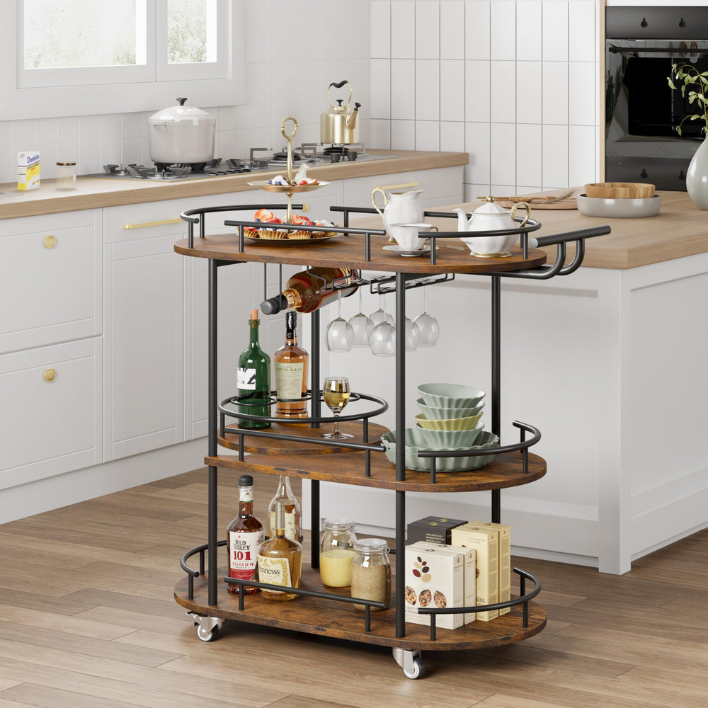 3-Tier Metal Bar Cart with Wine Rack & Glass Holder