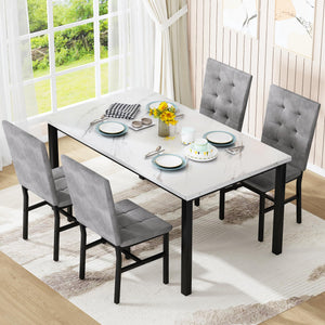 Faux Marble Dining Table Set for 4 with Velvet Chairs