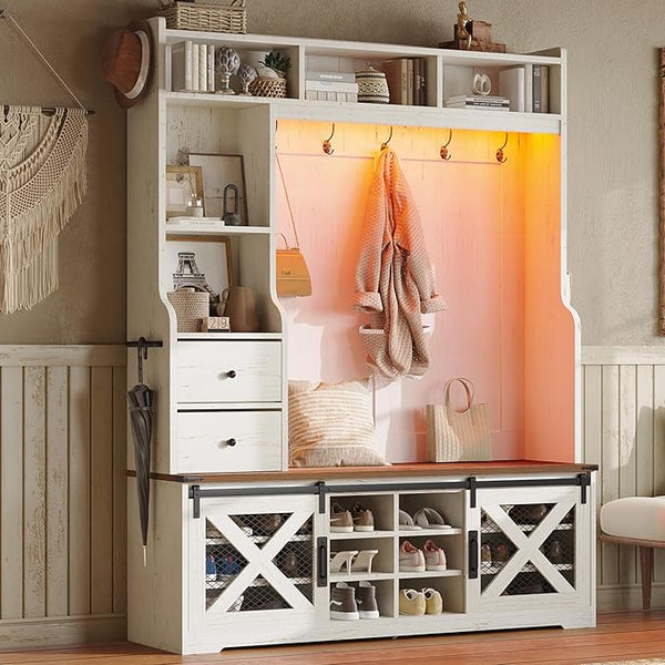 Farmhouse Hall Tree with Bench & Shoe Cabinet
