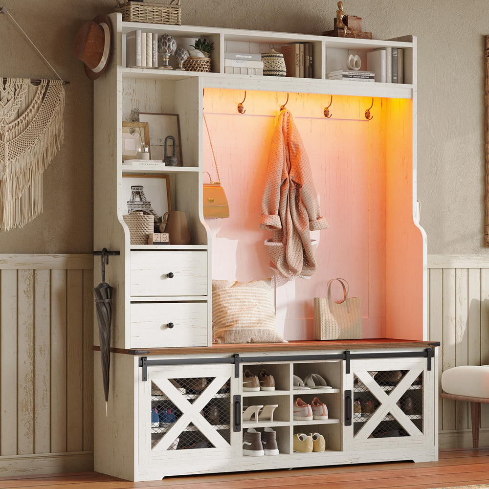 Farmhouse Hall Tree with Bench & Shoe Storage