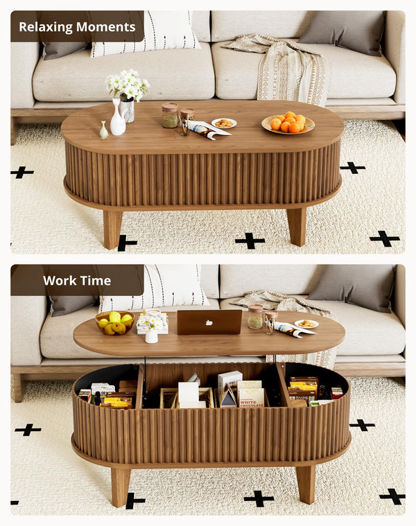 Oval Lift-Top Coffee Table with Fluted Wood & Hidden Storage