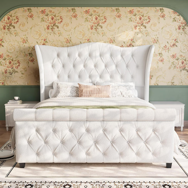 Upholstered Sleigh Bed Frame with Wingback Headboard