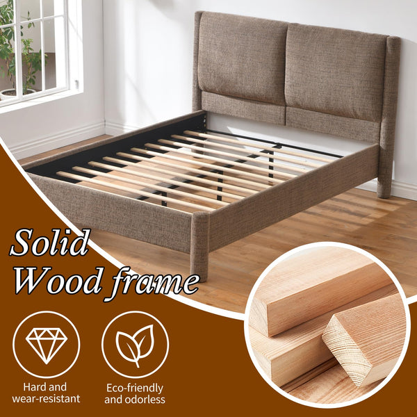 Upholstered Platform Bed Frame with Padded Headboard & Slatted Support