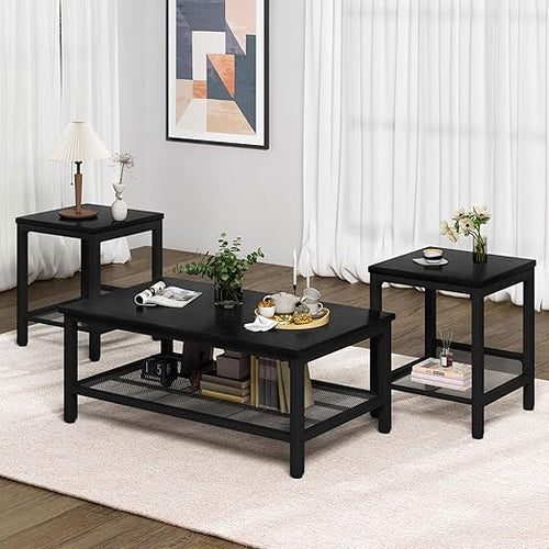 3-Piece Industrial Coffee Table Set with 2 End Tables