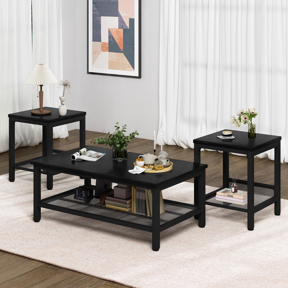 3-Piece Industrial Coffee Table Set with 2 End Tables