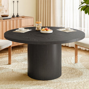 Lefurture 47 Inch Round Dining Table for 4-6, Fluted Kitchen Table with Wood Strip Base, Mid Century Modern Circle Dinner Tables for Dining Room, Kitchen, Black