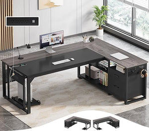 L-Shaped Executive Desk with Power Outlets, File Drawers & Storage