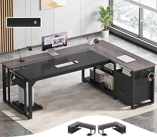 L-Shaped Executive Desk with Power Outlets, File Drawers & Storage