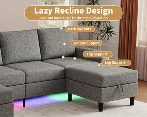 U-Shaped Sectional Sofa with RGB LED Light & USB Charging