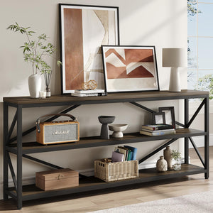 Industrial Console Sofa Table 70.8 Inch with 3-Tier Storage Shelf