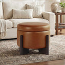 Divanus Faux Leather Round Ottoman, 22 Inch Storage Ottoman,Multi-Functional Footrest for Living Room & Bedroom,Apartments (Brown, Round)