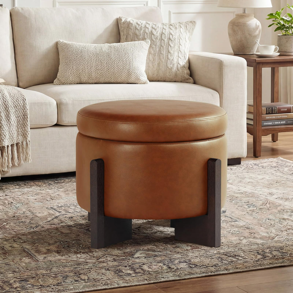 Divanus Faux Leather Round Ottoman, 22 Inch Storage Ottoman,Multi-Functional Footrest for Living Room & Bedroom,Apartments (Brown, Round)