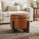 Divanus Faux Leather Round Ottoman, 22 Inch Storage Ottoman,Multi-Functional Footrest for Living Room & Bedroom,Apartments (Brown, Round)