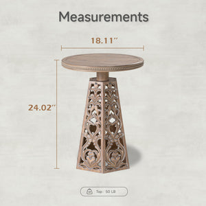Round Carved Floral End Table – Rustic Farmhouse Accent Table