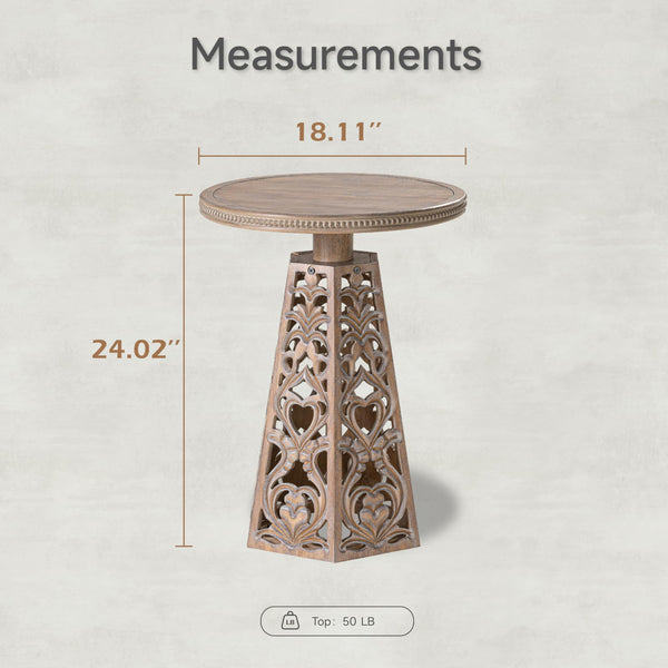 Round Carved Floral End Table – Rustic Farmhouse Accent Table