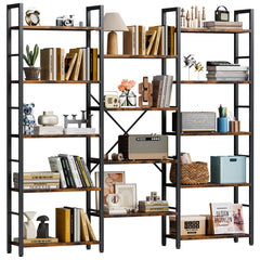 Industrial 14-Shelf Wide Bookcase with Metal Frame – Brown