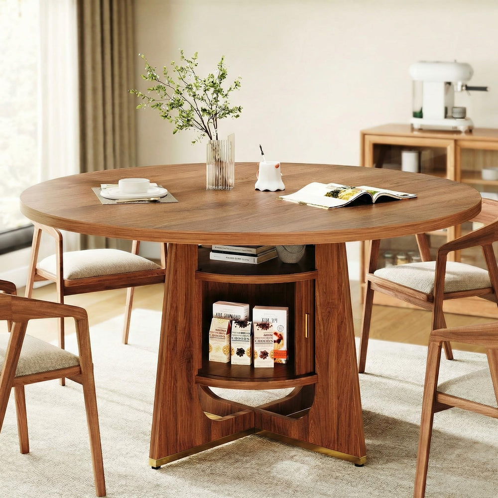 47 Inch Round Dining Table with Built-In Storage Cabinet — Mid-Century Modern
