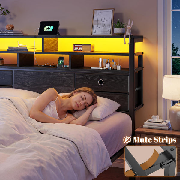 King Size Bed Frame with LED Lights, Storage Headboard & Charging Ports