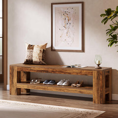 59" Entryway Bench with Storage Shelf, Rustic Brown
