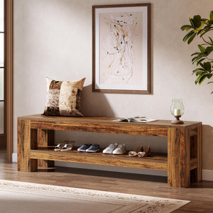 59" Entryway Bench with Storage Shelf, Rustic Brown