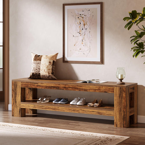 59" Entryway Bench with Storage Shelf, Rustic Brown