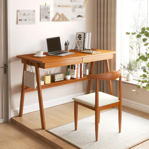 47" Mid-Century Modern Writing Desk with 2 Drawers & Storage Shelf