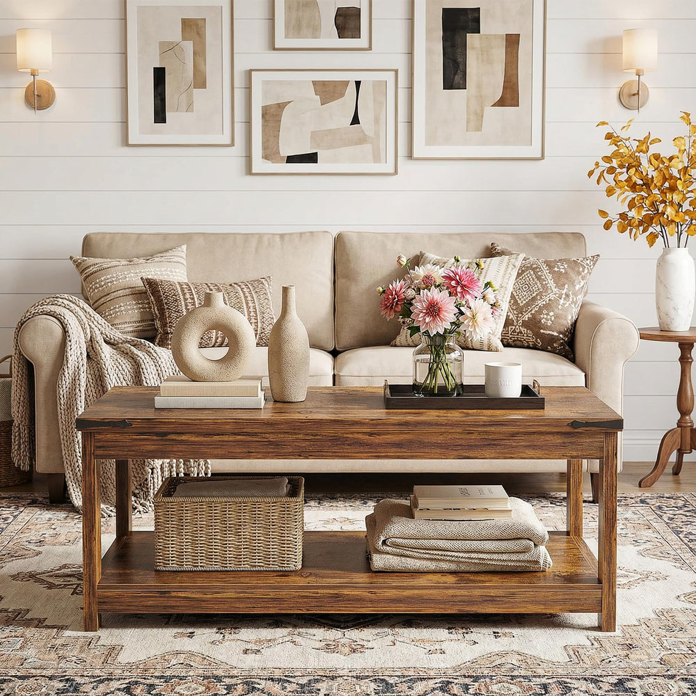 Farmhouse Coffee Table with Open Storage Shelf — 43" Rectangular