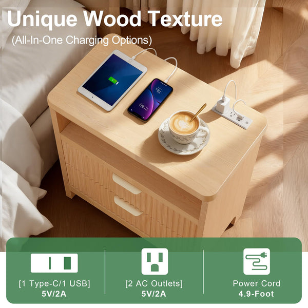 Fluted Nightstand with Charging Station & 2 Drawers