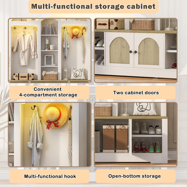 77" Arched Hall Tree with Bench, LED Lights & Shoe Storage