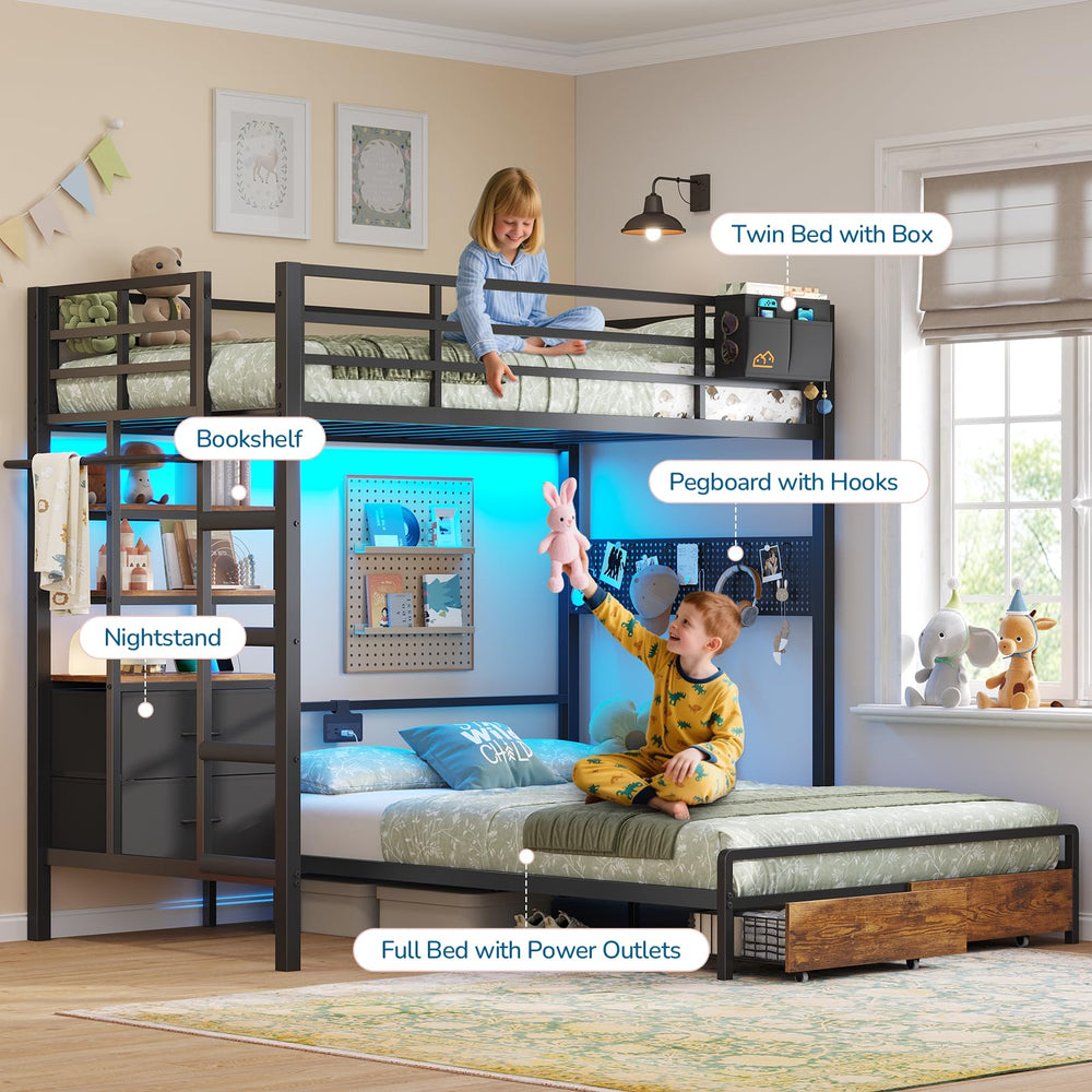 Twin Over Full Metal Bunk Bed with Storage Drawers, Bookshelf & LED Lights