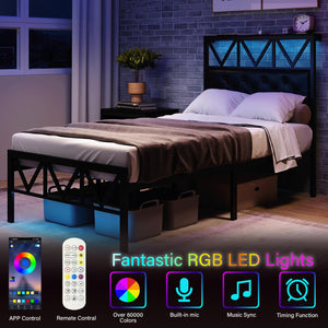 Twin Size Platform Bed Frame with LED Lighting & Charging Station