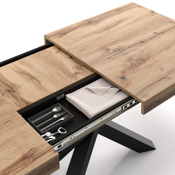 Extendable Dining Table, Rustic Oak with Black Crossed Legs, Seats 6–10