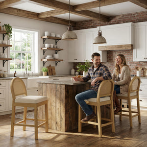 Upholstered Rattan Bar Stools – Solid Wood Counter Height Stools with Chenille Seat