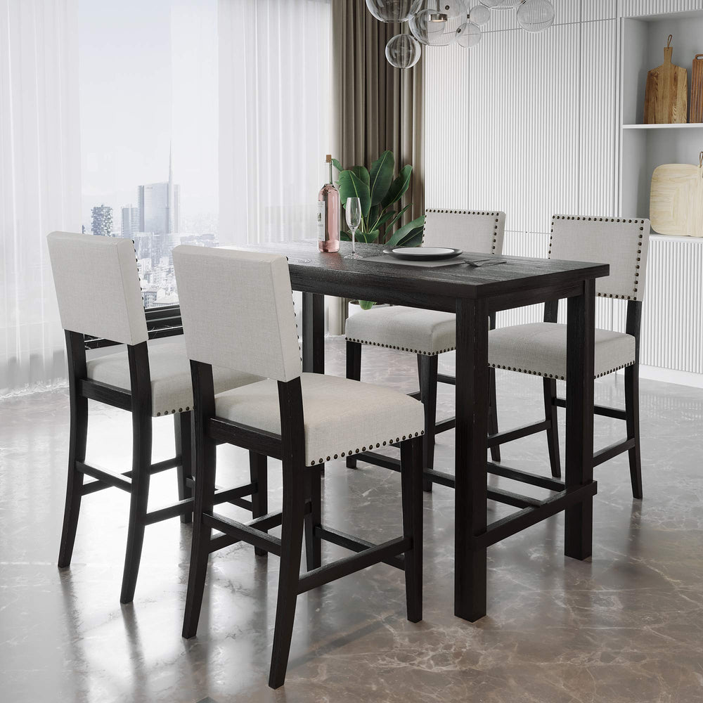 5-Piece Counter Height Dining Table Set – Wooden Table & 4 Upholstered Chairs, Beige & Black